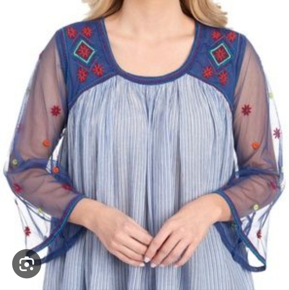 Life Style Navy Blue Embroidered Mesh Sleeve Women's Top Size Petite Medium